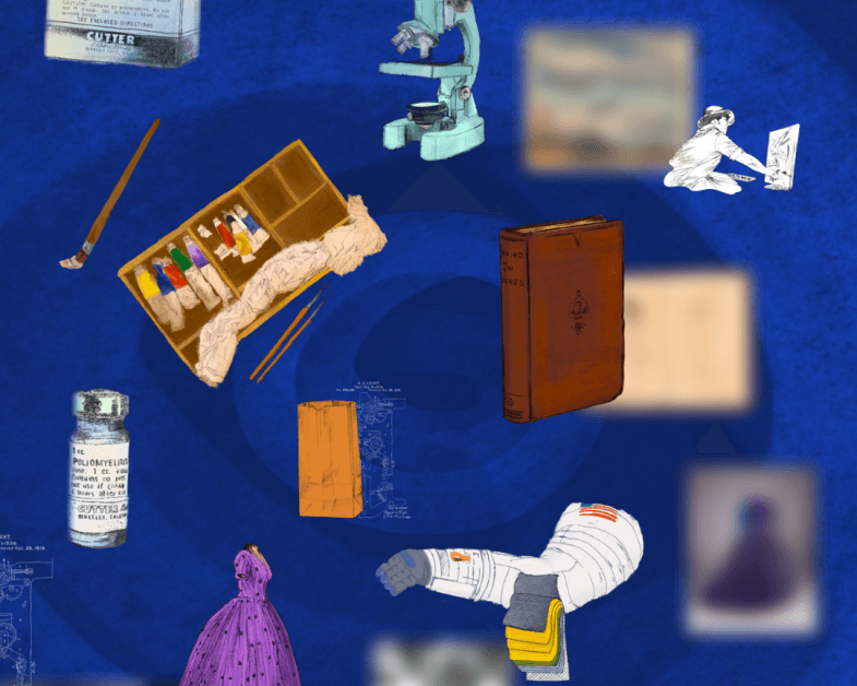 screenshot of a variety objects swirling above a dark blue background