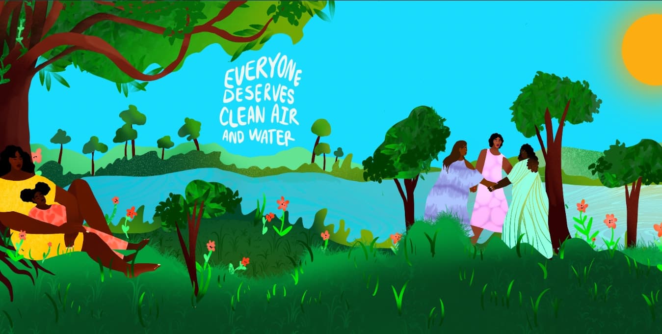 vibrant painting of people in wooden field in front of river with sun. text reads "everyone deserves clean air and water"